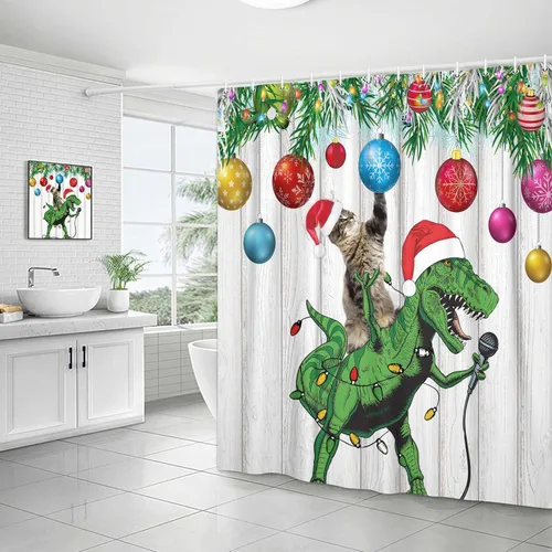 Vista 3 de Divertida cortina de ducha de Navidad, bonito dinosaurio en sombrero de Papá Noel cantando Feliz Navidad para niños, niños y niñas, decoración
