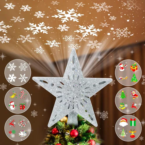 Vista 8 de Proyector de luces para la parte superior del árbol de Navidad con 6 modos de proyección, adorno de copo de nieve para la parte superior del árbol