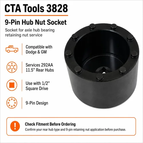 Vista 3 de CTA Tools 3828 Tuerca de cubo de 9 pines, compatible con Dodge y GM 292AA bujes traseros de 11.5 pulgadas, unidad de 1/2 pulgada