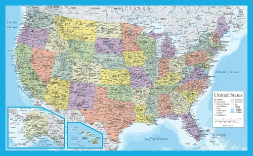 Vista 8 de Póster laminado de mapa de Estados Unidos, gráfico de pared de mapa de EE. UU., fabricado en los Estados Unidos [negro]