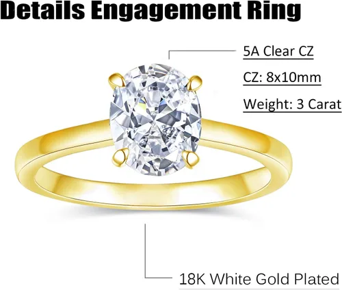Vista 6 de AONED 3CT 2CT 18K Gold Plated Solitaire Engagement Rings for Women Oval Cut Cubic Zirconia Wedding Promise Rings for Her Jewelry Gifts Size 4-11