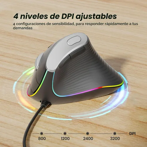 Vista 6 de Nulea M504 Ratón Vertical con Cable, Ratón Óptico Ergonómico USB con 4 DPI Ajustables, 11 Modos de Retroiluminación RGB, Compatible para Laptop, PC