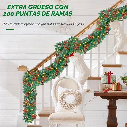 Vista 4 de Guirnalda de Navidad con luces, guirnalda de 30 luces LED de 9 pies, funciona con pilas, decorada con piñas, bayas, pino nevado artificial