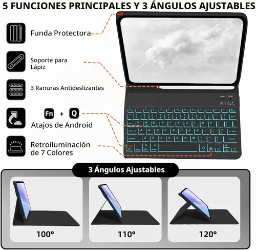 Vista 3 de Funda de teclado para Samsung Galaxy Tab A8 10.5 pulgadas - 7 colores retroiluminados cubierta de teclado y mouse (negro)