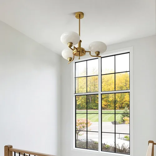 Vista 6 de Candelabros Sputnik dorados de 3 luces, Lámpara de techo de latón cepillado de mediados de siglo, lámpara colgante vintage ajustable estilo granja