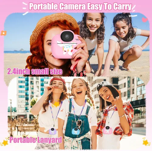 Vista 6 de Cámara para niños con impresión instantánea para niños, cámaras para niños pequeños, cámaras de video digitales HD 1080P, juguete de cámara Rosa