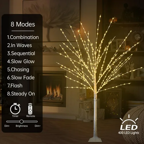 Vista 2 de Árbol de abedul iluminado de 4 pies con 400 luces LED de color blanco cálido, 8 modos, temporizador remoto de árbol de Navidad, árbol de Navidad