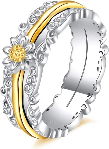 Vista 7 de VONALA Anillos giratorios de plata esterlina 925 con diseño de filigrana y girasol, cruz, piedra lunar, ágata musgo, anillos giratorios