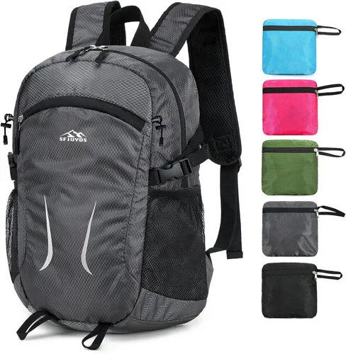 Vista 19 de Mochila pequeña de senderismo para viajes, ligera, plegable, mochila de día resistente al agua, mochilas plegables de 15L para viajes, mujeres, Negro
