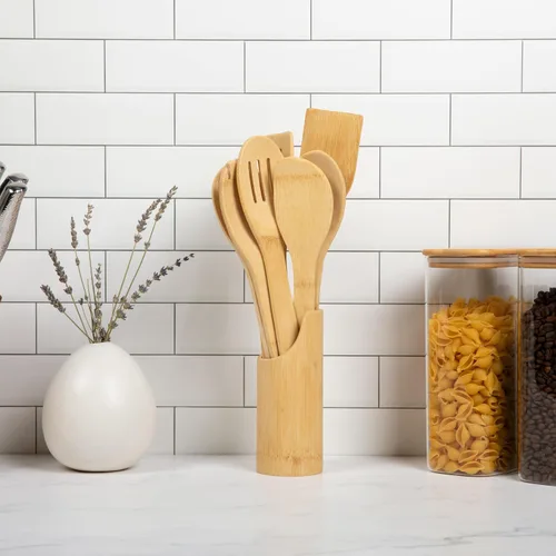 Vista 3 de Cucharas de bambú para cocinar - Juego de 8 cucharas con soporte - Cucharas de cocina de madera - Utensilios de cocina de bambú no tóxicos