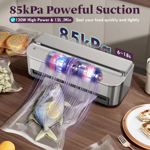 Vista 5 de Mesliese Máquina selladora al vacío, sellador automático de alimentos de 85 kPa 120 W, potente sistema de sellado, cortador integrado Plateado