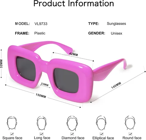 Vista 6 de VANLINKER Lindas gafas de sol cuadradas infladas para mujeres y hombres, gafas gruesas retro con marco grueso divertido máscara sombras VL9733