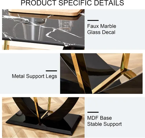 Vista 4 de Mesa de comedor para 4 a 6, mesa de cocina moderna, mesa de comedor, mesa rectangular de vidrio templado de 63 pulgadas con patas de MDF negras