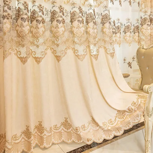 Vista 5 de ELKCA Cortina de Chenille Bordada Beige de Estilo Europeo para Sala de Estar, Elegantes Cortinas Florales de Chenille para Dormitorio, Parte