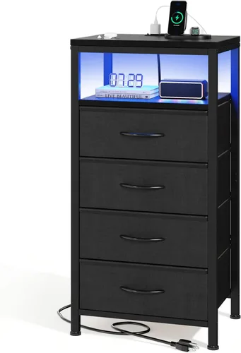 Vista 16 de Sweetcrispy Mesita de noche con estación de carga, mesa auxiliar con 3 cajones de tela, puertos USB y tipo C con salidas de CA, pies ajustables