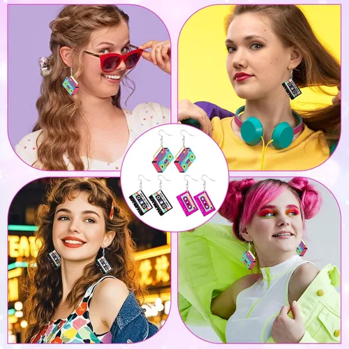 Vista 7 de 3 pares de aretes de neón con cinta de casete retro de los años 80 y 90 para mujer, traje de los años 80 y 90, aretes acrílicos de radio, joyas