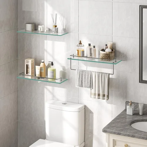 Vista 4 de HOOBRO Estantes de vidrio para baño, estante de vidrio flotante de 15.7 pulgadas para pared, juego de 2 soportes montados en la pared de acero