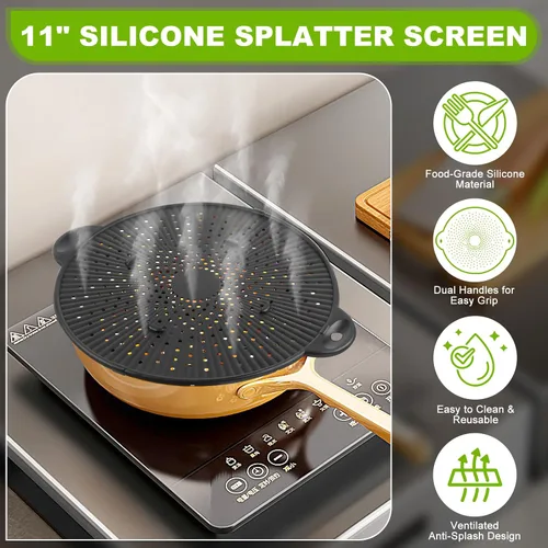 Vista 3 de Pantalla de silicona contra salpicaduras para sartén, protector de salpicaduras de grasa de silicona resistente al calor de 11 pulgadas, protector