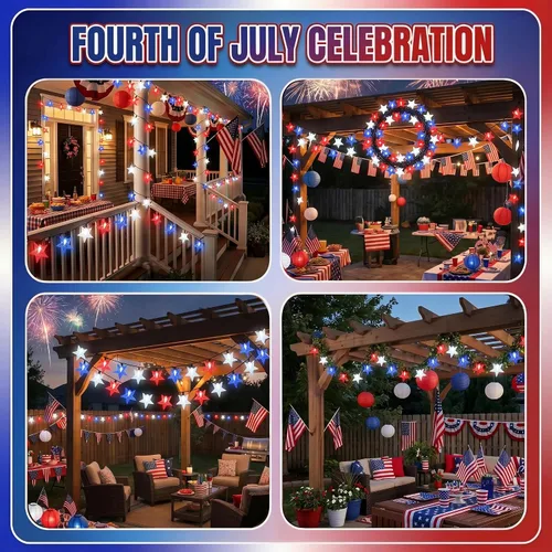 Vista 6 de Cadena de luces solares brillantes del 4 de julio para decoración al aire libre, luces de hadas impermeables de 39 pies, rojas, blancas y azules