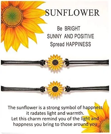 Vista 5 de Pulseras de girasol de moda para hombres y mujeres, hechas a mano, trenzadas con cuerda negra, dije de amistad, tarjeta de deseos, surf, joyería