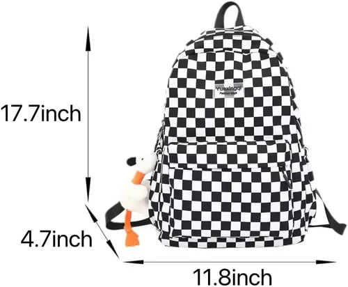 Vista 2 de Y2K Mochila estética a cuadros con colgante Kawaii de tablero de ajedrez, linda mochila para computadora portátil, mochila ligera