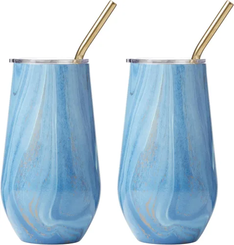Vista 22 de Cambridge ECW3BLCB2DS Blue - Paquete de 2 vasos de vino de acero inoxidable con diseño de geoda de 12 onzas Azul