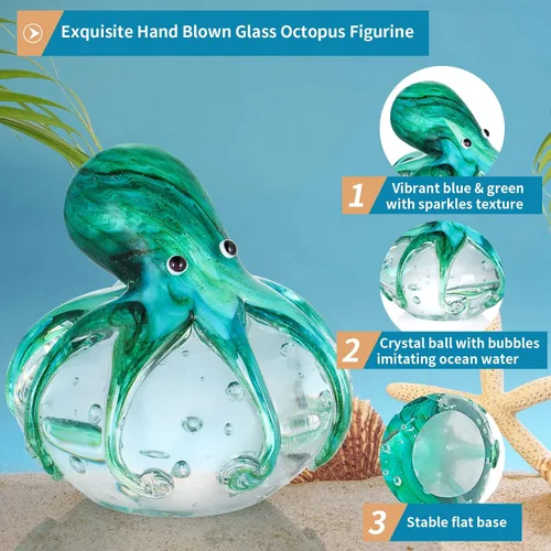 Vista 4 de Figura de pulpo de vidrio soplado a mano, bonito pisapapeles de animales marinos, estatua náutica coleccionable para el hogar, oficina, fiesta