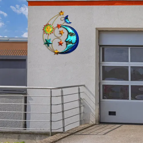 Vista 5 de Decoración de pared de metal para exteriores, tamaño grande de 17 pulgadas, escultura de pared de metal con luna y estrellas para decoración