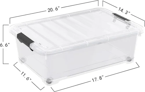 Vista 3 de Paquete de 4 contenedores de plástico de 20 L para debajo de la cama con rueda, cajas de almacenamiento planas transparentes
