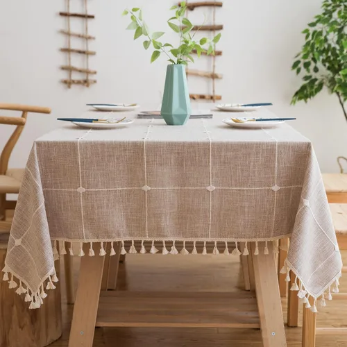 Vista 10 de Pahajim Mantel rectangular de lino rústico de algodón para cocina, comedor, con borlas, a cuadros, impermeable, rectangular, 55 x 71 pulgadas, 4-6