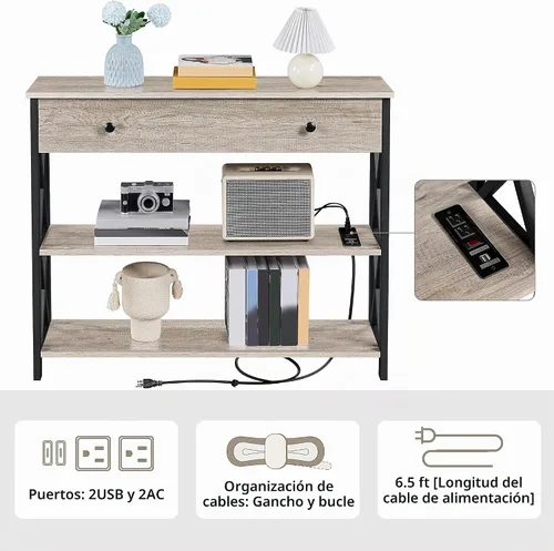 Vista 4 de Yaheetech - Mesa consola con tomas de corriente y puertos USB, 39.5 pulgadas, color marrón rústico