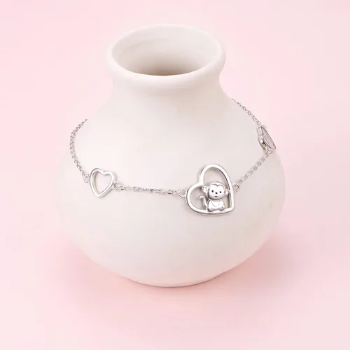 Vista 4 de FLYOW Pendientes de tuerca de plata 925 con diseño de corazón de animal con circonita cúbica y mono, collar con dije, regalo de cumpleaños