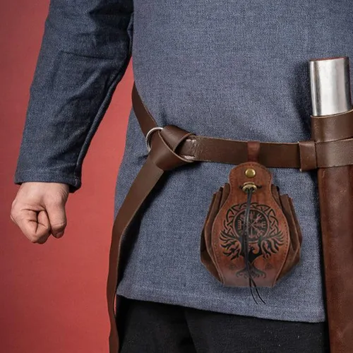 Vista 3 de Riñonera para cinturón, riñonera medieval, vintage, de cuero, funda para teléfono celular, funda para cinturón, bolsillo, casual, senderismo