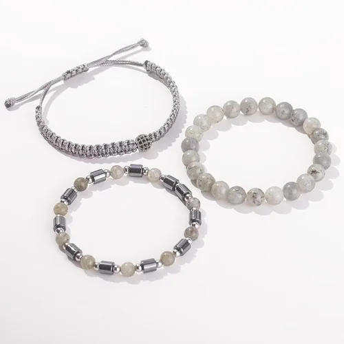 Vista 5 de Juego de pulseras de cuentas para hombre de 0.315 in y 0.157 in de piedras preciosas curativas trenzadas con dije de circonita cúbica, pulsera