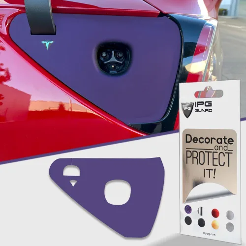 Vista 9 de IPG para Tesla Model 3/Y - Adhesivos de tapa de carga 2021-23 - Juego de pegatinas DIY - Aluminio cepillado oscuro