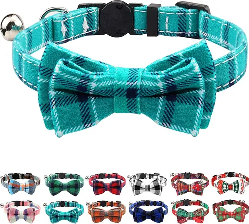 Vista 13 de Collar Joytale con corbatín y campana, lindos patrones de cuadros, 1 o 2 unidades de collares de seguridad para gato, Negro