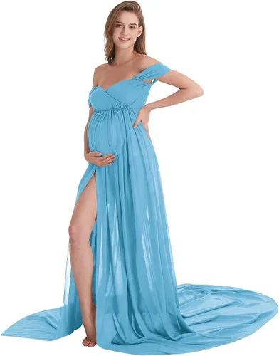 Vista 4 de Vestido de fotografía de gasa con hombros descubiertos y abertura frontal para sesión de fotos, boda, fiesta, baby shower