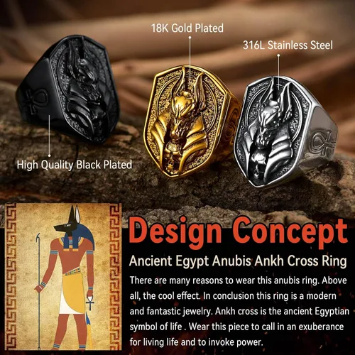 Vista 3 de FaithHeart Anubis - Anillos para hombres y mujeres, joyería de acero inoxidable resistente, anillo de amuleto de cruz Ankh, embalaje delicado, Acero