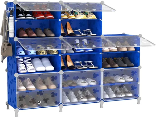 Vista 10 de UNKU Zapatero de 8 niveles, armario de almacenamiento de zapatos de 32 pares de estantes de plástico para zapatos, organizador para armario, Negro