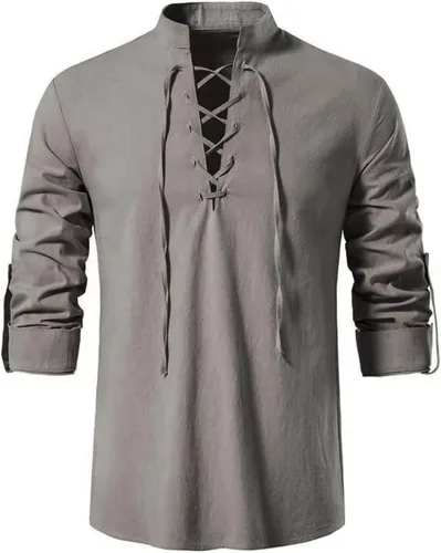 Vista 13 de Camisas de manga larga para hombre, estilo retro, con cordones para disfraz medieval, vikingo, hippie, Halloween, cosplay, pirata, renacentista