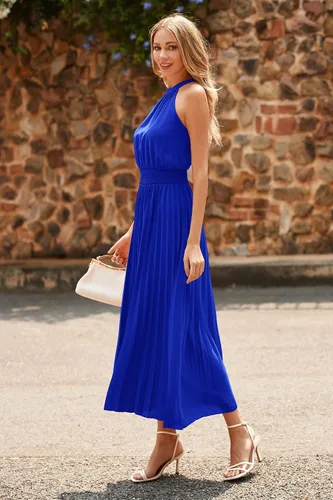 Vista 7 de PRETTYGARDEN Vestidos largos de verano para mujer, sin mangas, cuello halter, plisado, vestido de cóctel
