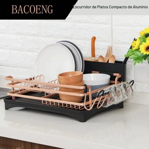 Vista 6 de BACOENG Escurridor de platos de aluminio, nunca se oxida con soporte extraíble para cubiertos y soporte para tazas, tablero de drenaje giratorio
