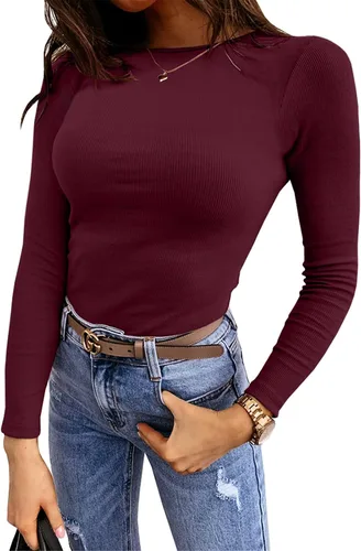 Vista 3 de Lynwitkui Blusa de manga larga para mujer, elástica, entallada, acanalada, con corte liso, básica