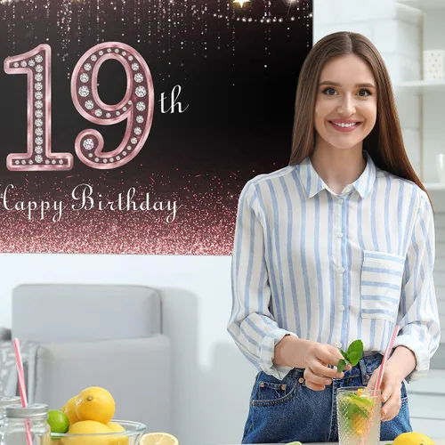 Vista 6 de HAMIGAR Fondo de pancarta de feliz cumpleaños 19 de 6 x 4 pies, decoraciones de cumpleaños de 19 años, suministros de fiesta para mujeres, oro rosa