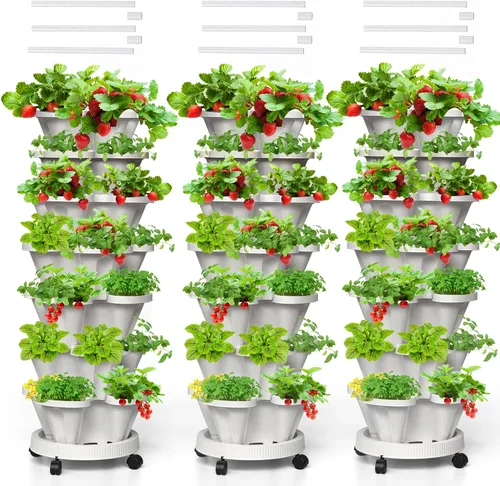 Vista 36 de Macetas verticales de fresa, paquete de 2 unidades, torre apilable de 5 niveles con poste de soporte, macetas apilables para hierbas y verduras