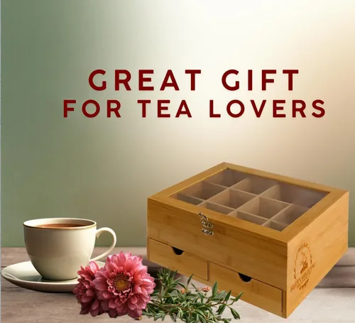 Vista 6 de Naturustic - Caja grande de bambú para bolsitas de té, caja de almacenamiento, soporte para bolsa de té con 2 cajones y 12 compartimentos