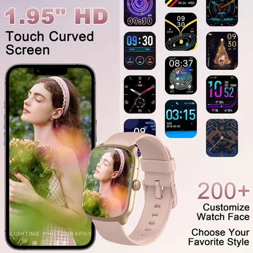 Vista 3 de STECEi Reloj inteligente para hombre, reloj inteligente con pantalla curva HD de 1.95 pulgadas, color rosa
