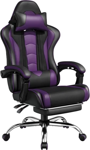 Vista 10 de Yaheetech Silla para videojuegos, silla de videojuegos con soporte lumbar de masaje y reposapiés, silla ergonómica ajustable para computadora
