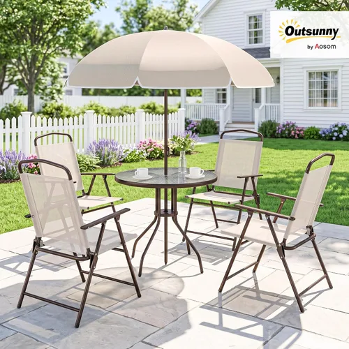 Vista 2 de Outsunny Juego de comedor de patio de 6 piezas para 4 personas con paraguas Beige