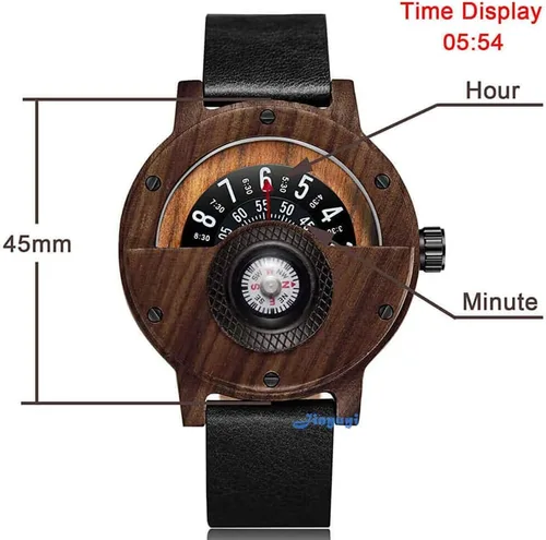 Vista 4 de GORBEN Reloj con brújula y tocadiscos de madera para hombre, elegante reloj de pulsera de madera para hombre, reloj de cuarzo ligero hecho a mano